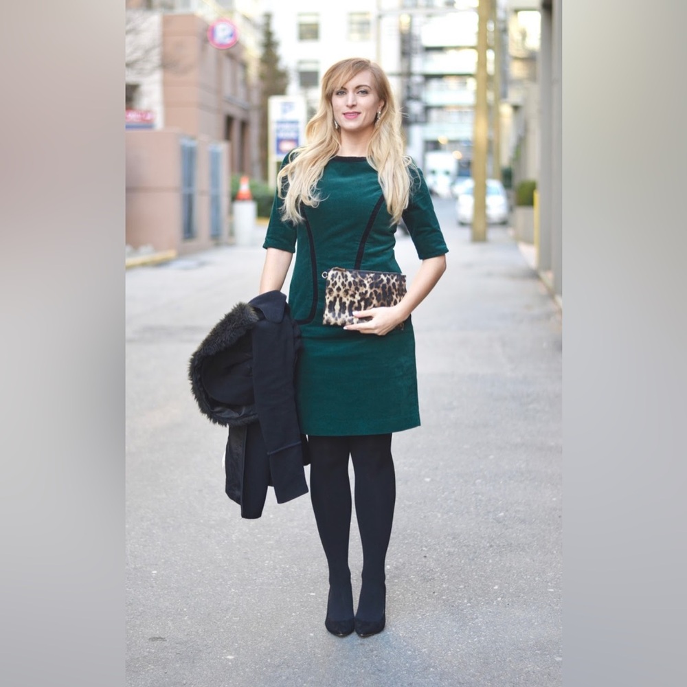 Boden emerald green black trim corduroy Thelma dress size 6 regular